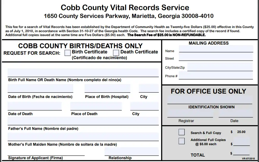 A screenshot of the form for the birth document request in the Cobb County Department of Community Health displays the necessary fields to complete the request; fees for the request are provided.