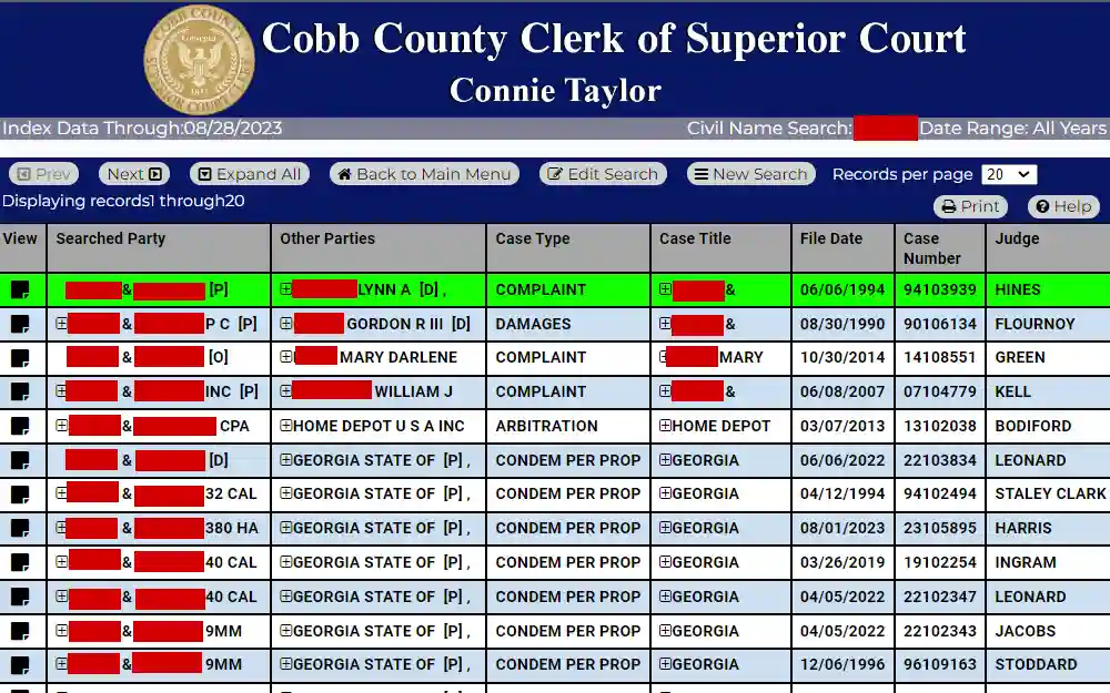 A screenshot of the case search results from the Cobb County Clerk of Superior Court page displays a list of cases, including information such as party(s), case type & title, file date, case no., judge and a button to view more details.