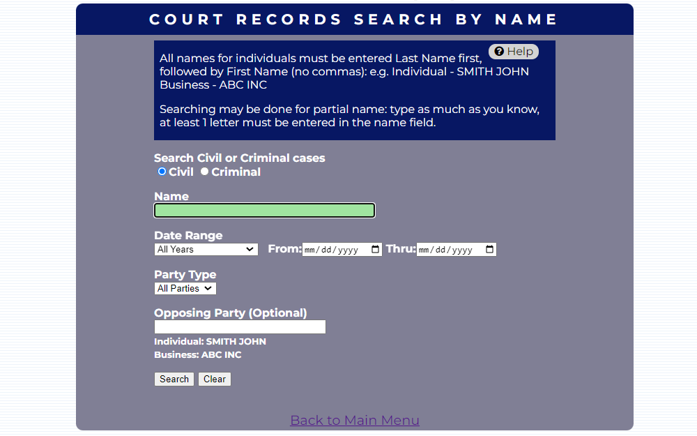 A screenshot of the Cobb County Clerk of Superior Court's Records Search By Name page requires the user to select the type of case and input the subject's name, date range, party type and opposing party (optional).