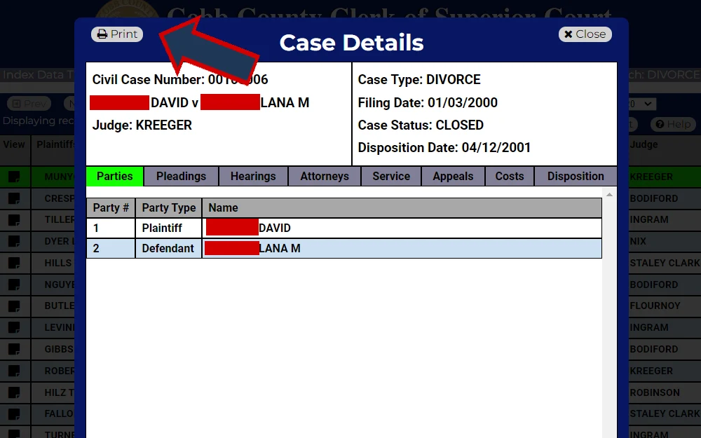 A screenshot of the divorce case information from the Cobb County Clerk of Superior Court, including details such as civil case no., party name, judge, case type, filing date, case status and disposition date.