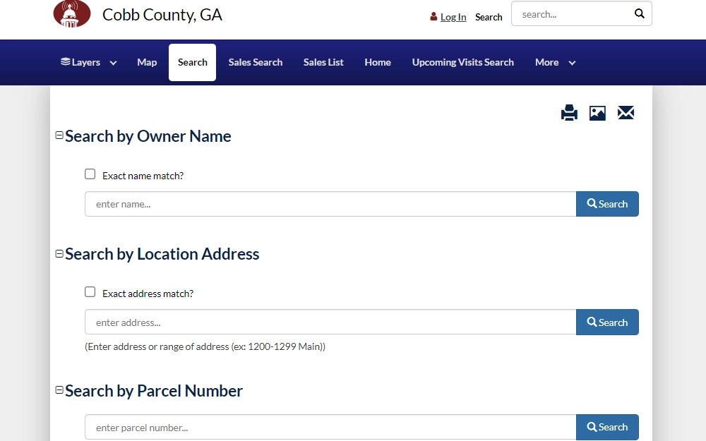 A screenshot of the Cobb County Board of Tax Assessors' property search page displays the three options to search: Search By Owner Name, Search By Location Address, and Search By Parcel Number.