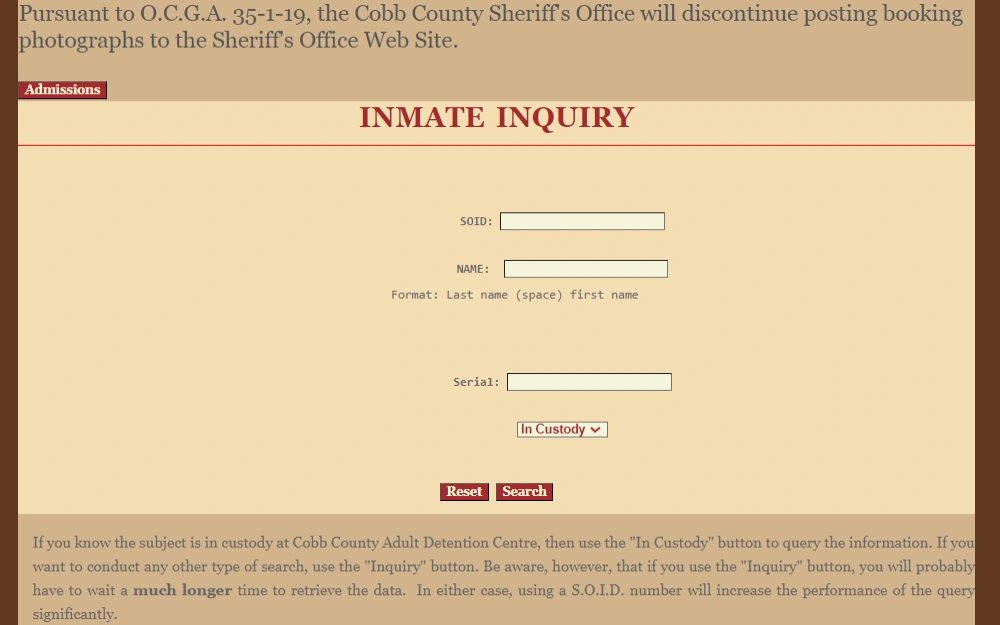 A screenshot of the Cobb County Sheriff's Office Inmate Inquiry page shows three options to search: SOID, Name or Serial, including the statutes about the discontinuation of posting booking photographs on the page.