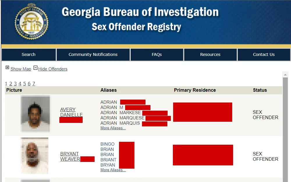 A screenshot of the registered sex offenders from the Georgia Bureau of Investigation page, with their mugshots, aliases, primary residence and status.