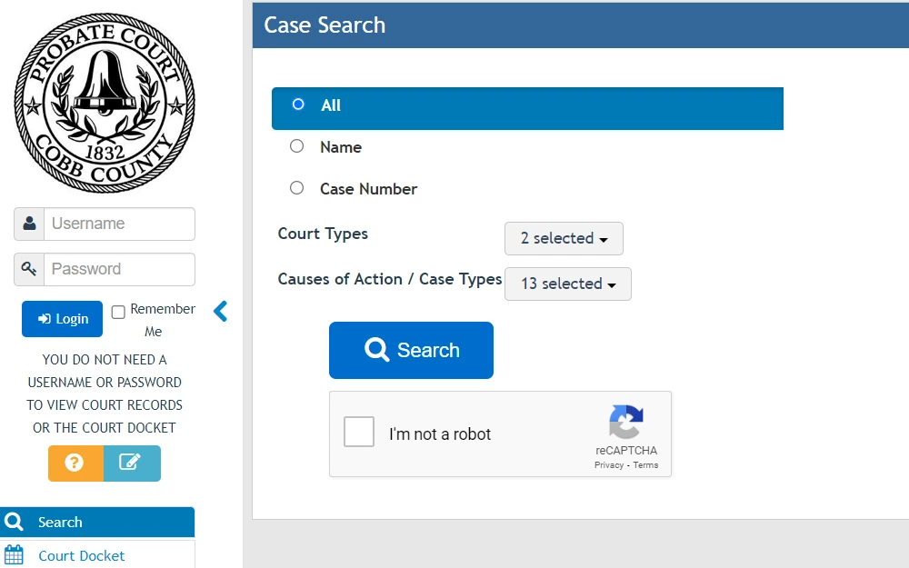 A screenshot of the case search options provided by the Cobb County Probate Court displays two search options: By Name and By Case Number; users can select court and case types to narrow down their search.