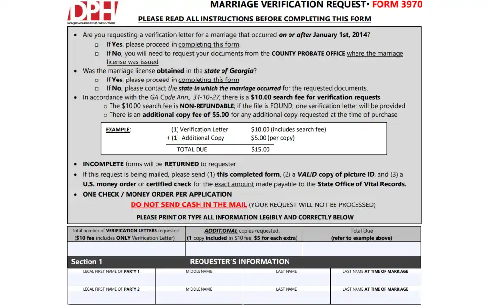 A screenshot of a document titled "Marriage Verification Request," detailing the process for requesting a verification letter for marriages, including instructions, fees, and sections for requester's information, along with a reminder that the search fee is non-refundable and an additional fee is required for extra copies.