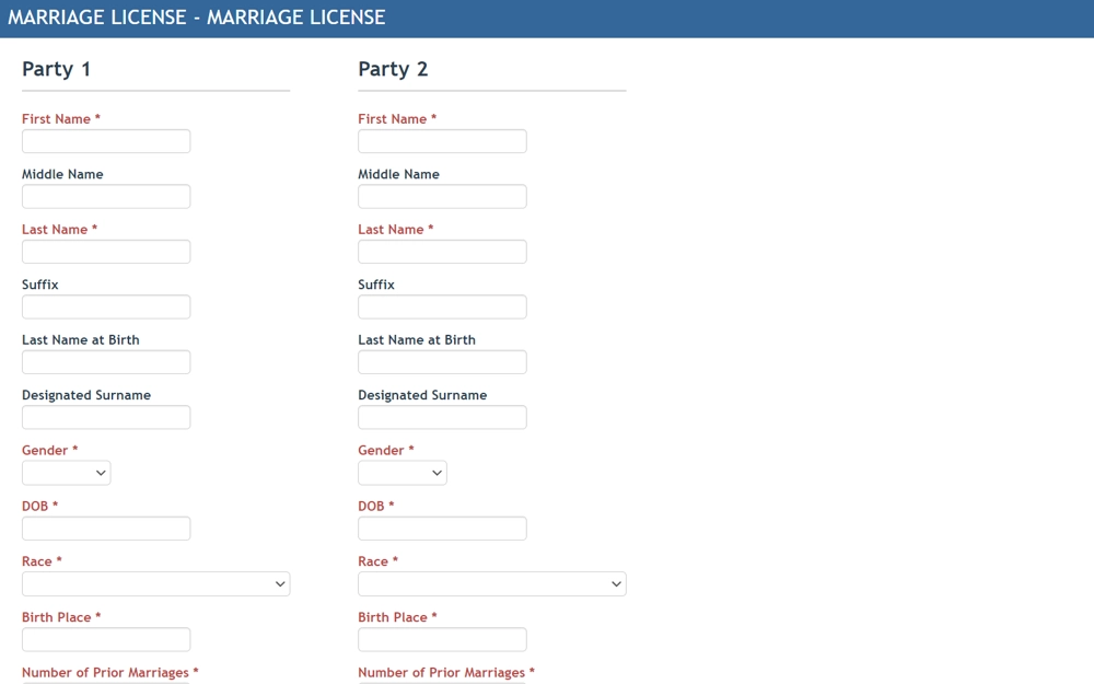 A screenshot of an online application form for a marriage license, displaying empty fields for personal details of two parties including first, middle, and last names, suffixes, gender, date of birth, race, place of birth, and number of prior marriages.