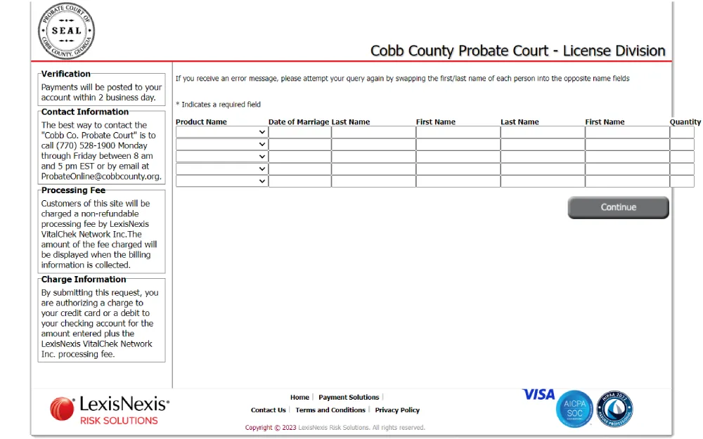 A screenshot of an online payment interface for a legal document request form, featuring fields for product selection, date of event, and names involved, with a LexisNexis logo indicating the processing service provider, set against the backdrop of a probate court's web page.
