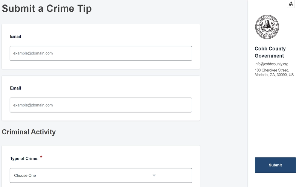 A digital form titled "Submit a Crime Tip" with fields for entering an email address and selecting a type of criminal activity from a dropdown menu, accompanied by a local government entity's logo and contact information on the right side.