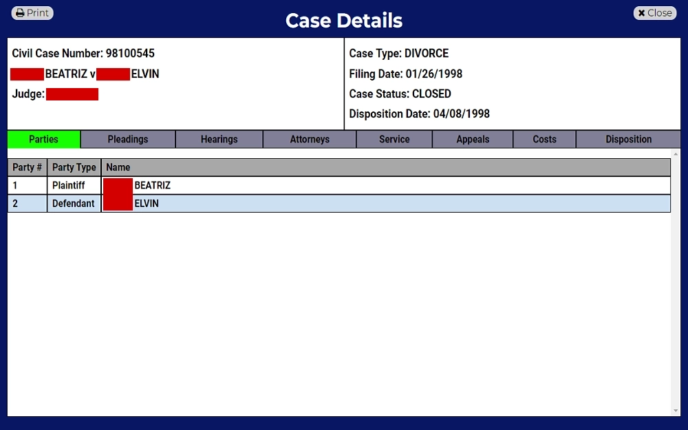 A screenshot showing a divorce case details displaying information such as civil case number, name, judge, case type, filling date, case status, disposition date, party number and type.