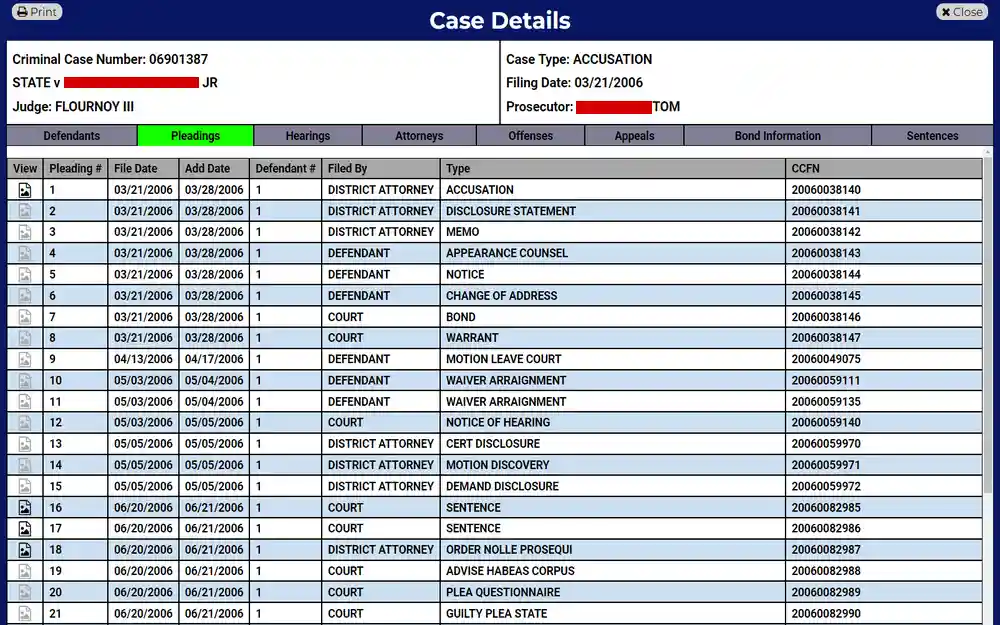 A screenshot of a legal case management system displaying the pleadings tab, which lists numerous legal documents such as motions, notices, and disclosures filed by both the defense and prosecution, each entry including a filing date, added date, and case file number, all about a criminal case labeled by a specific case number and overseen by a named judge.