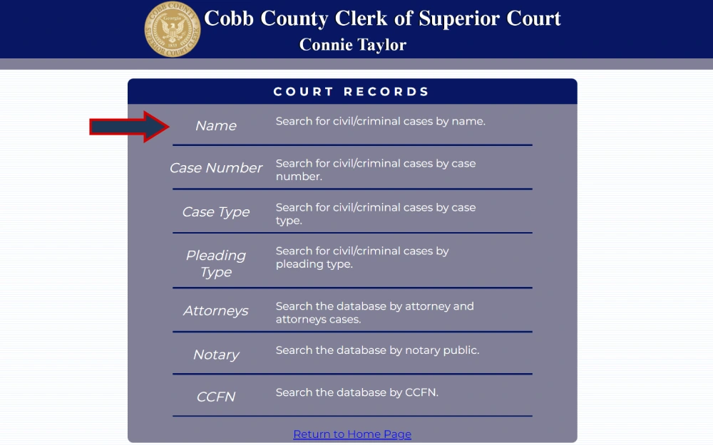 A screenshot of a legal document search menu offering various search criteria, such as name, case number, case type, pleading type, attorney, and notary, is presented on a website with the emblem and title of a county clerk of Superior Court at the top.