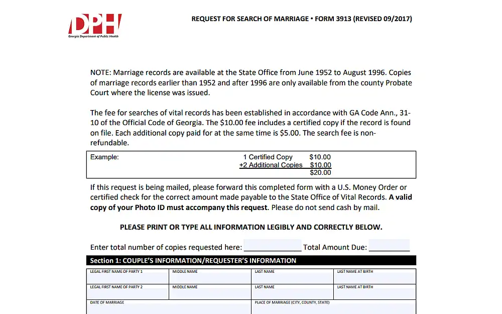 A screenshot displaying a request for search of marriage form that requires information such as legal first, middle, last name and birth's last name of party 1 and 2, date and place of marriage.