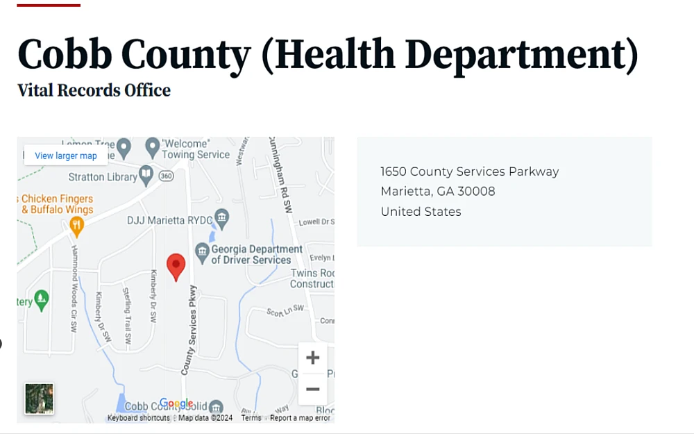 A screenshot displaying a visualization map of the Cobb County Health Department Vital Records Office showing its complete address.
