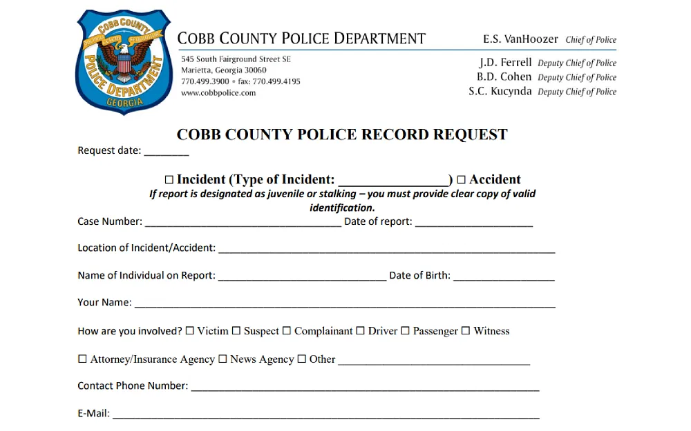 A screenshot showing a Cobb County police record request with details to be filled in such as case number, date of report, location of incident or accident, name of the individual on the report, date of birth, name, involvement information, contact phone number and email address.