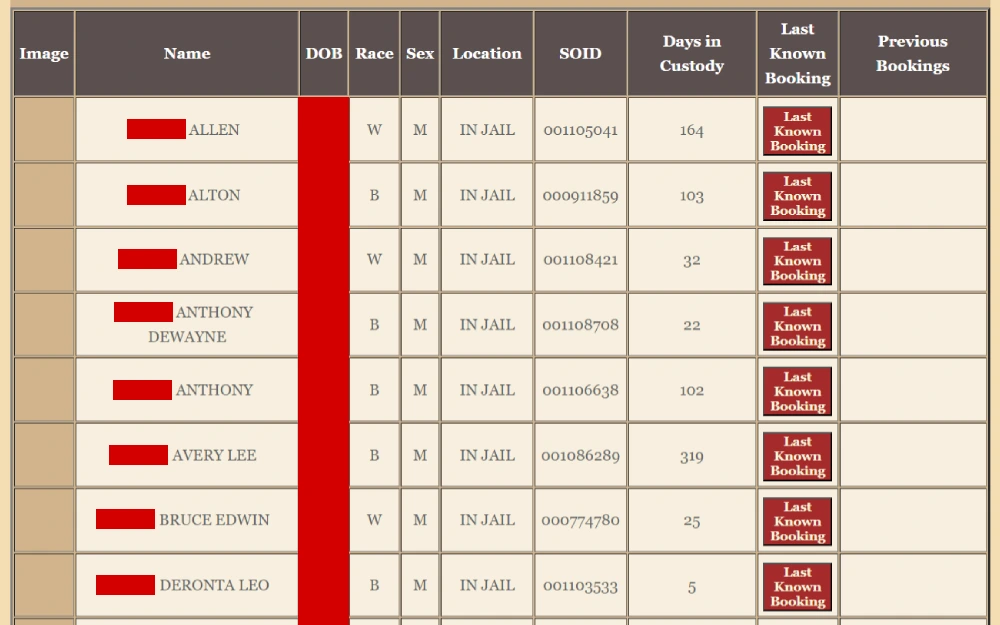 A screenshot displaying a Cobb Sheriff inmate search results showing information such as image if available, name, date of birth, race, sex, location, SOID, days in custody, last known booking and previous booking.