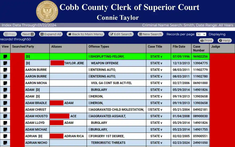 A screenshot showing web court inquiry search results displaying information such as the view option, searched party name, aliases, offense types, case title, file date, case number, and judge name.