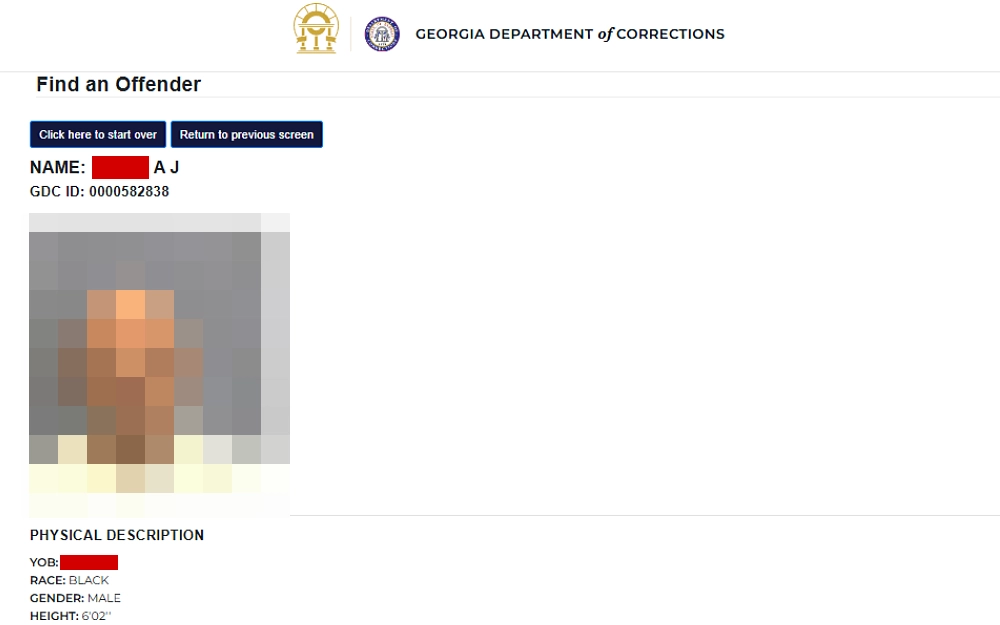 A screenshot of an offender's information from the Georgia Department of Corrections, showing an image, name, GDC ID, year of birth, and physical description such as race, gender and height.