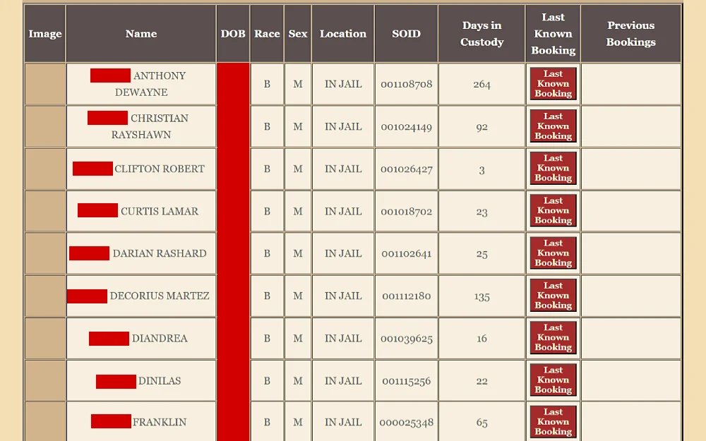 A screenshot from the Cobb County Sheriff's Office shows offender search results with information such as name, date of birth, location, sex, race, SOID, days in custody, last known booking and previous bookings.