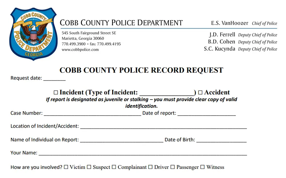 A screenshot of the Cobb County Police Record Request from the County Police Department, with details to be filled in, such as the requested date, case number, date of report, location of incident or accident, and others.